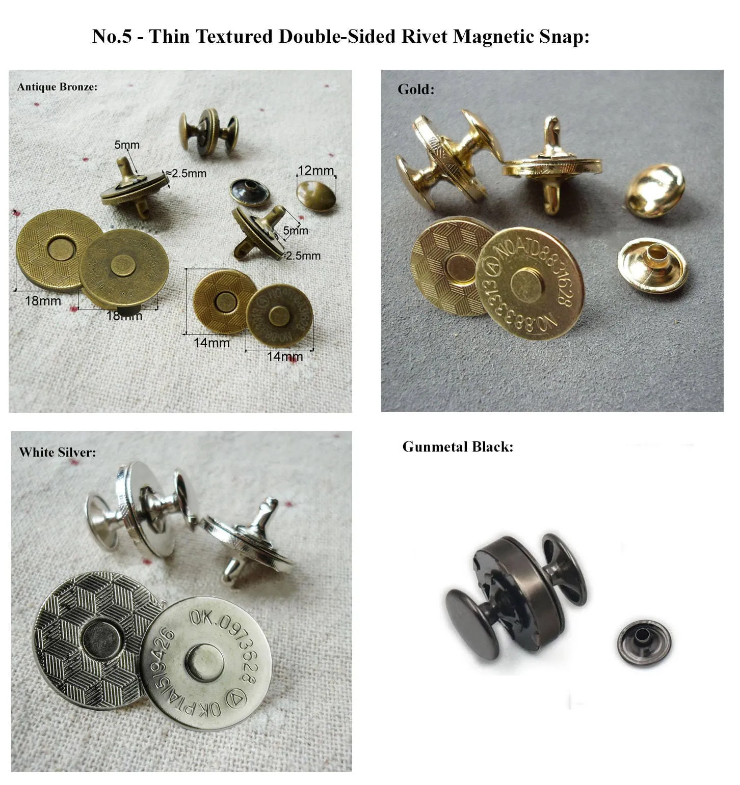 Round Double Rivet Magnetic Snap Closure Fastener Button Purse Clasp Bag Sewing 10 14 17 20mm Silver Gold Bronze Gunmetal Black