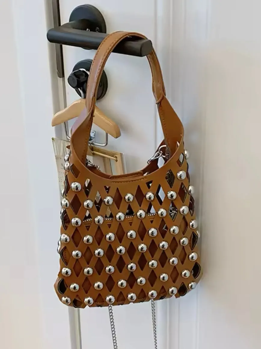 Solid colors studded net cutout handbag