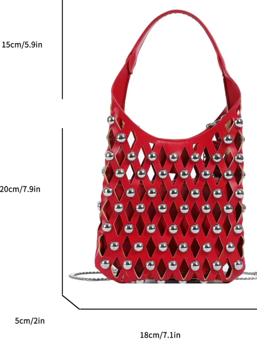 Solid colors studded net cutout handbag