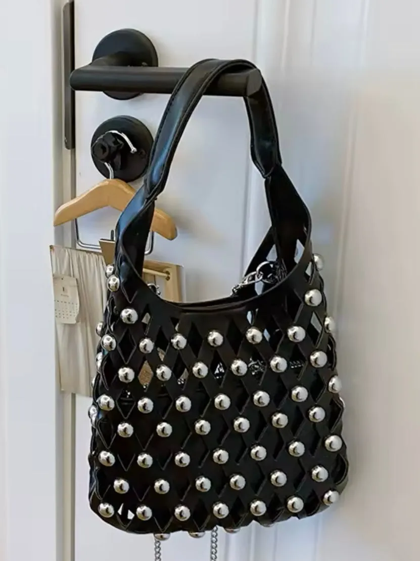 Solid colors studded net cutout handbag