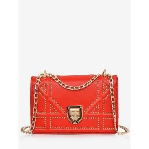 Studs Quilted Chic Chain Crossbody Bag - Red