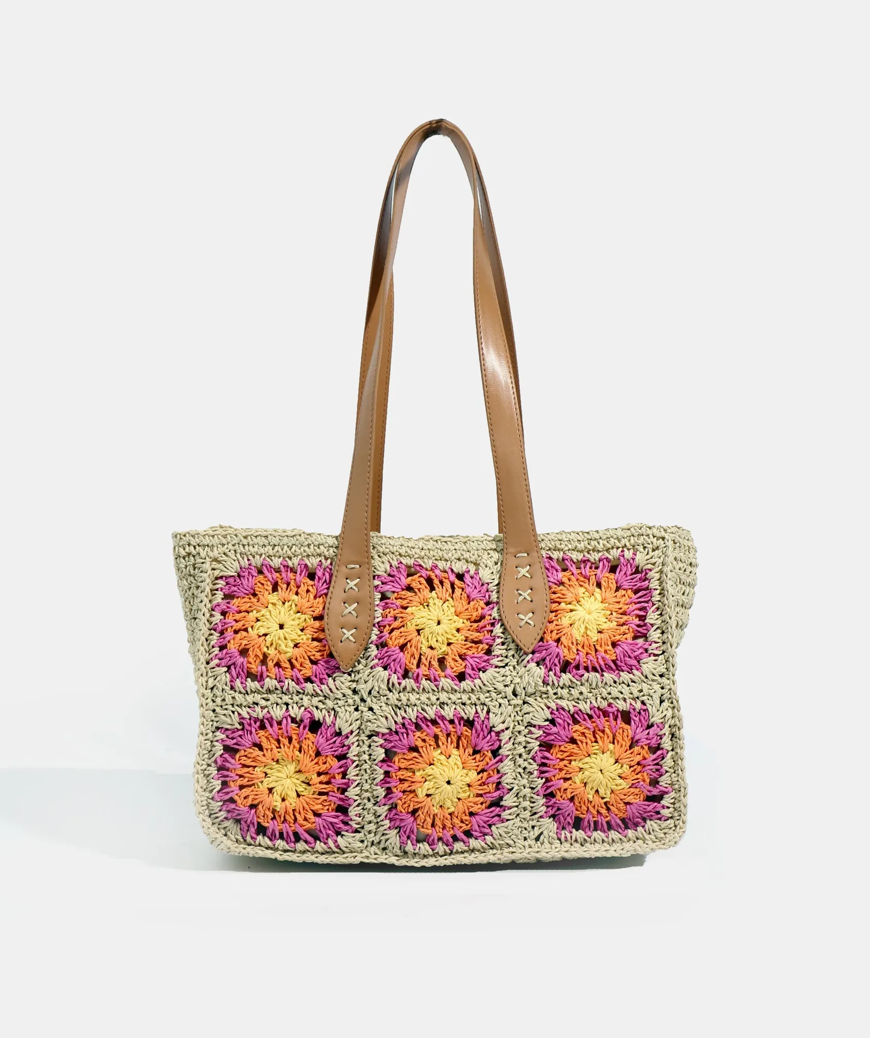 Tan Pink Floral Crochet Tote Bag with Zipped Closure