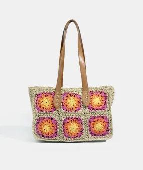 Tan Pink Floral Crochet Tote Bag with Zipped Closure