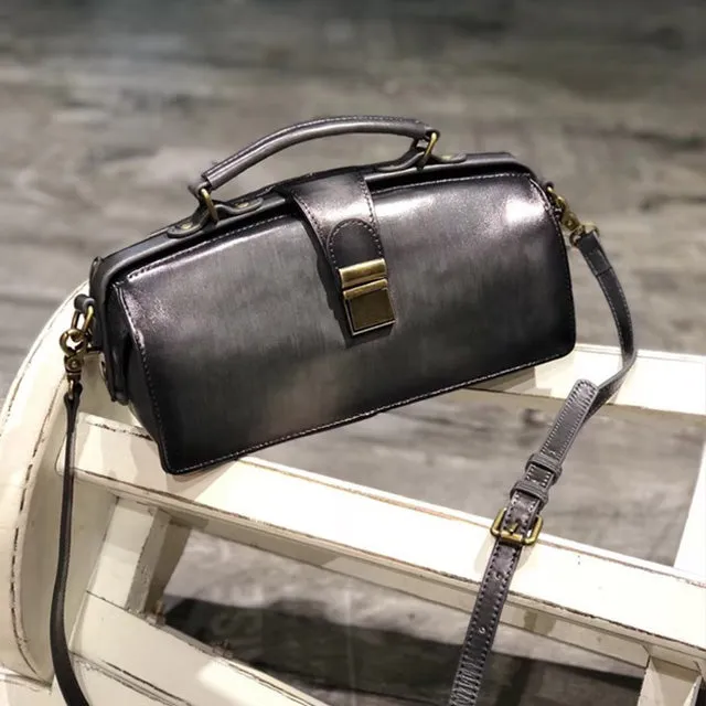 Women's Black Leather Handbags Doctor Satchel Purse Small Shoulder Bags for Women