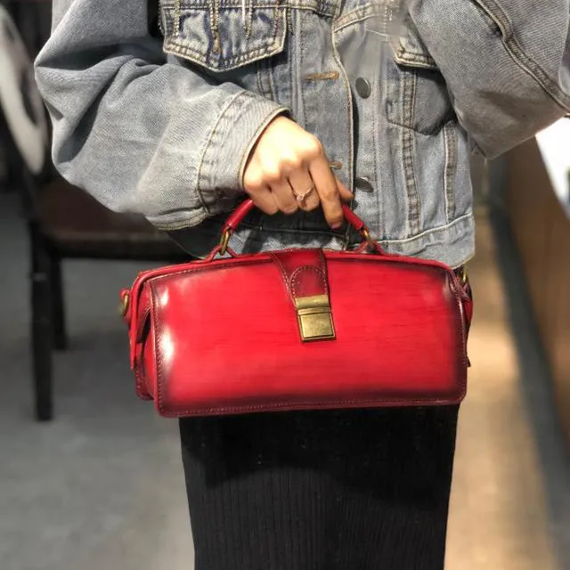 Women's Black Leather Handbags Doctor Satchel Purse Small Shoulder Bags for Women