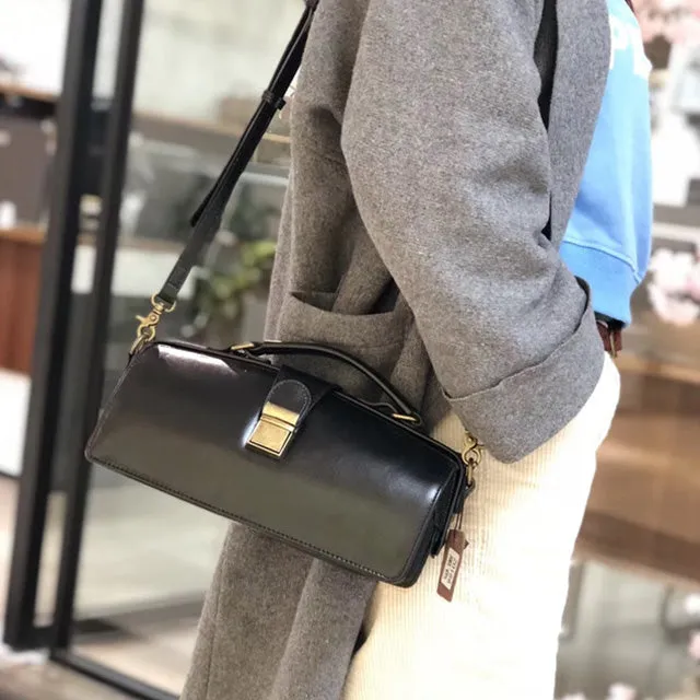 Women's Black Leather Handbags Doctor Satchel Purse Small Shoulder Bags for Women
