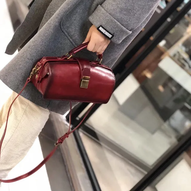 Women's Black Leather Handbags Doctor Satchel Purse Small Shoulder Bags for Women