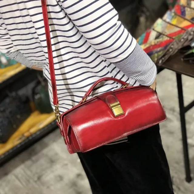 Women's Black Leather Handbags Doctor Satchel Purse Small Shoulder Bags for Women