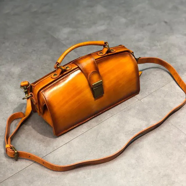 Women's Black Leather Handbags Doctor Satchel Purse Small Shoulder Bags for Women