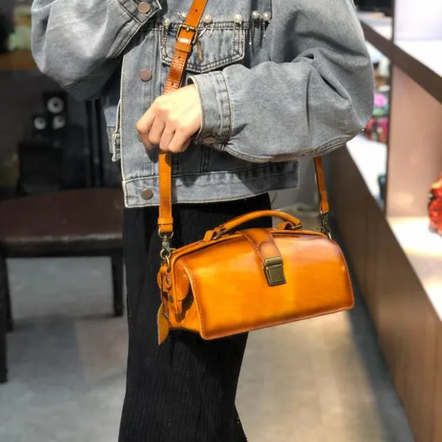 Women's Black Leather Handbags Doctor Satchel Purse Small Shoulder Bags for Women