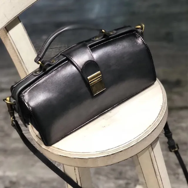 Women's Black Leather Handbags Doctor Satchel Purse Small Shoulder Bags for Women