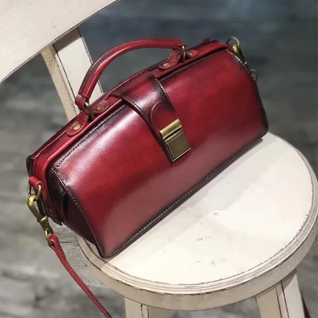 Women's Black Leather Handbags Doctor Satchel Purse Small Shoulder Bags for Women