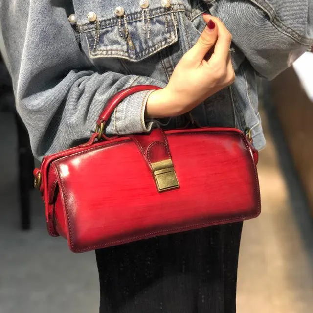 Women's Black Leather Handbags Doctor Satchel Purse Small Shoulder Bags for Women