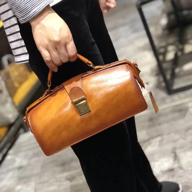Women's Black Leather Handbags Doctor Satchel Purse Small Shoulder Bags for Women