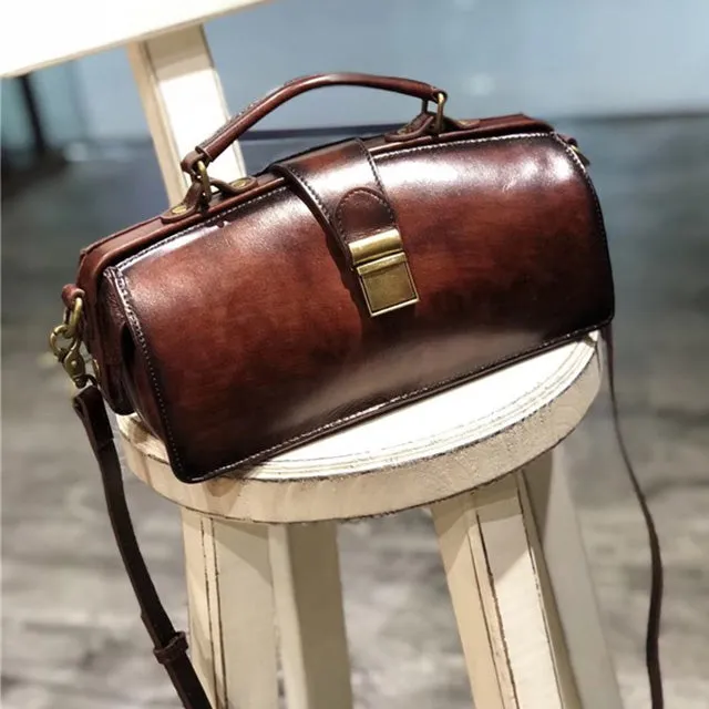 Women's Black Leather Handbags Doctor Satchel Purse Small Shoulder Bags for Women