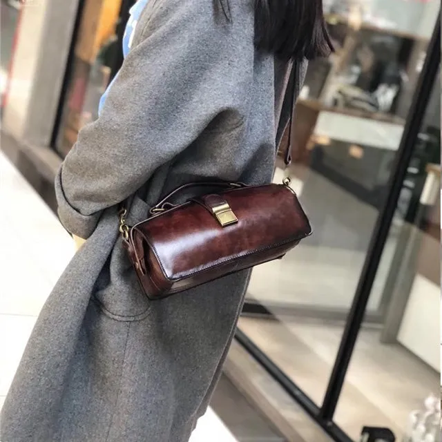 Women's Black Leather Handbags Doctor Satchel Purse Small Shoulder Bags for Women