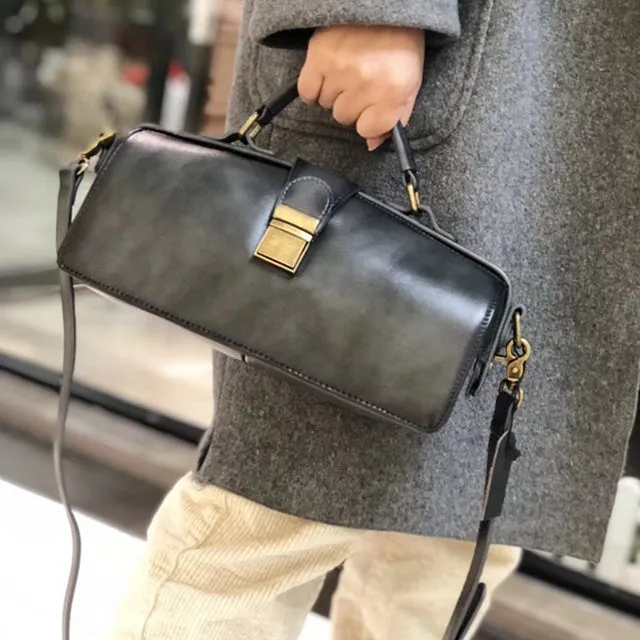 Women's Black Leather Handbags Doctor Satchel Purse Small Shoulder Bags for Women