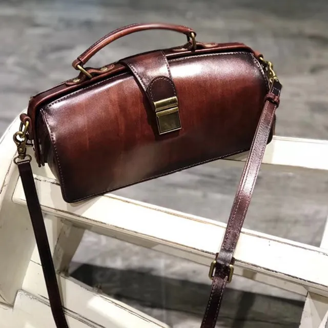 Women's Black Leather Handbags Doctor Satchel Purse Small Shoulder Bags for Women